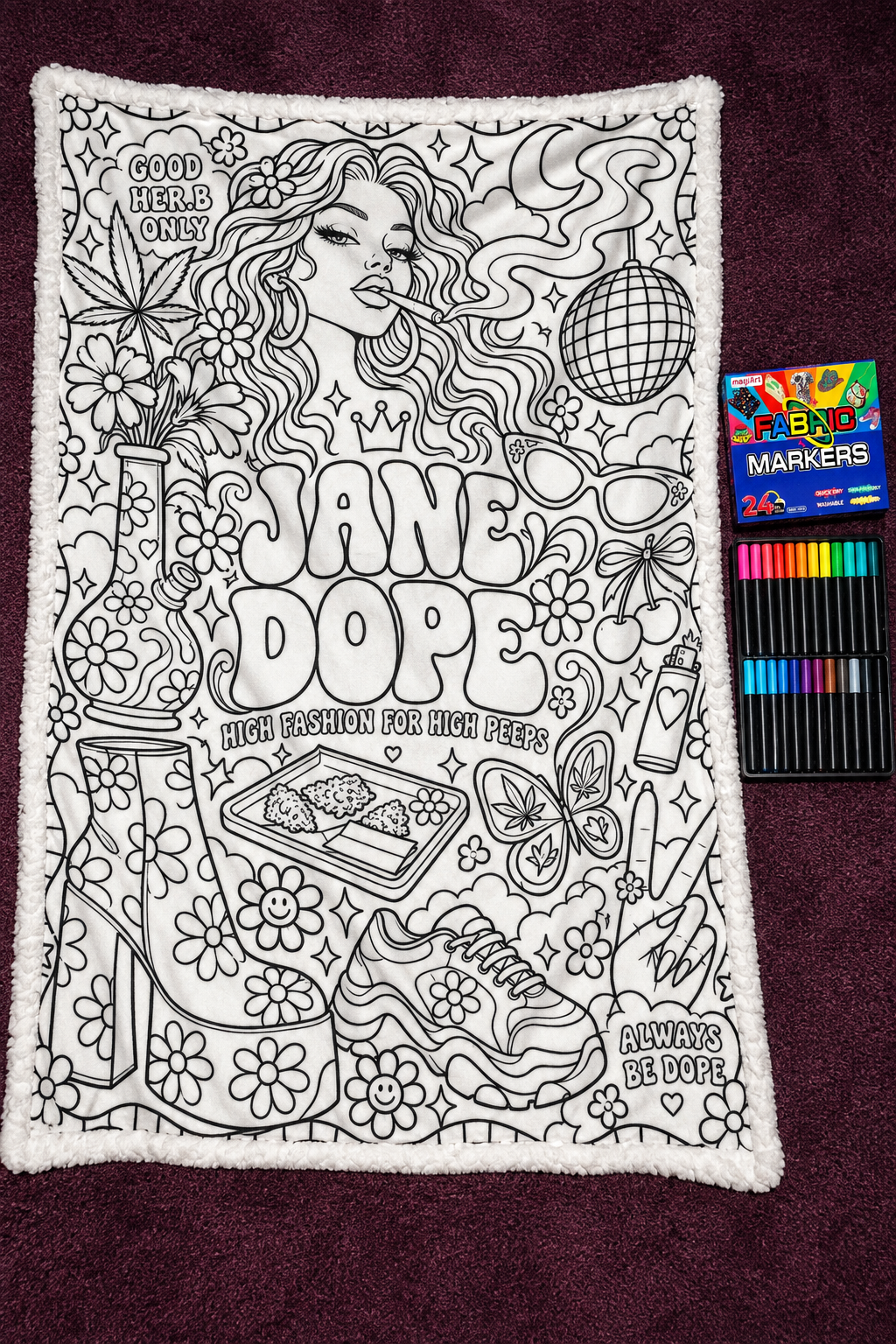 Retro Jane Dope Coloring Blanket full uncoloured 100 by 150 centimetre blanket with the included 24-colour fabric-marker set