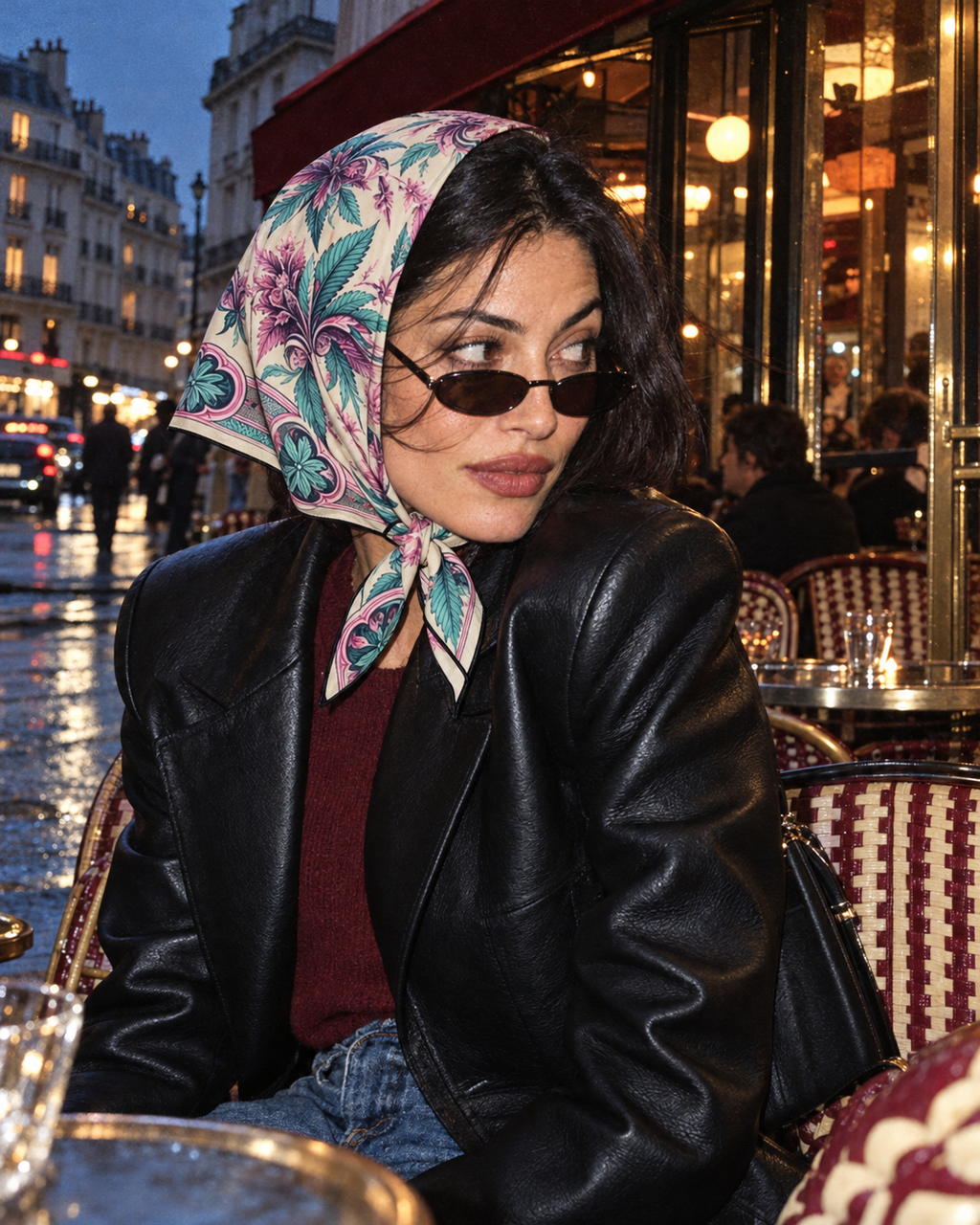 Roller Queen silky botanical scarf tied as a headscarf outside a Paris café