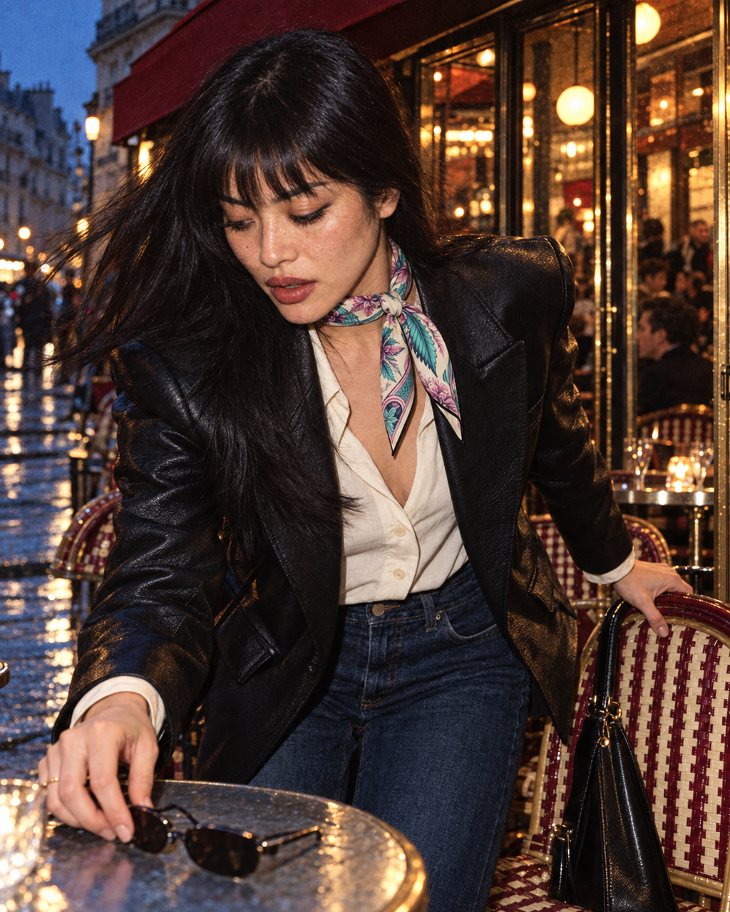 Roller Queen scarf folded into a narrow side-knot necktie in Paris