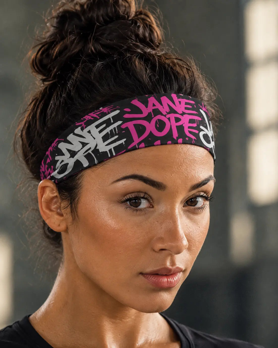 DANK! Runners High headband close-up with pink and white Jane Dope graffiti print on black.