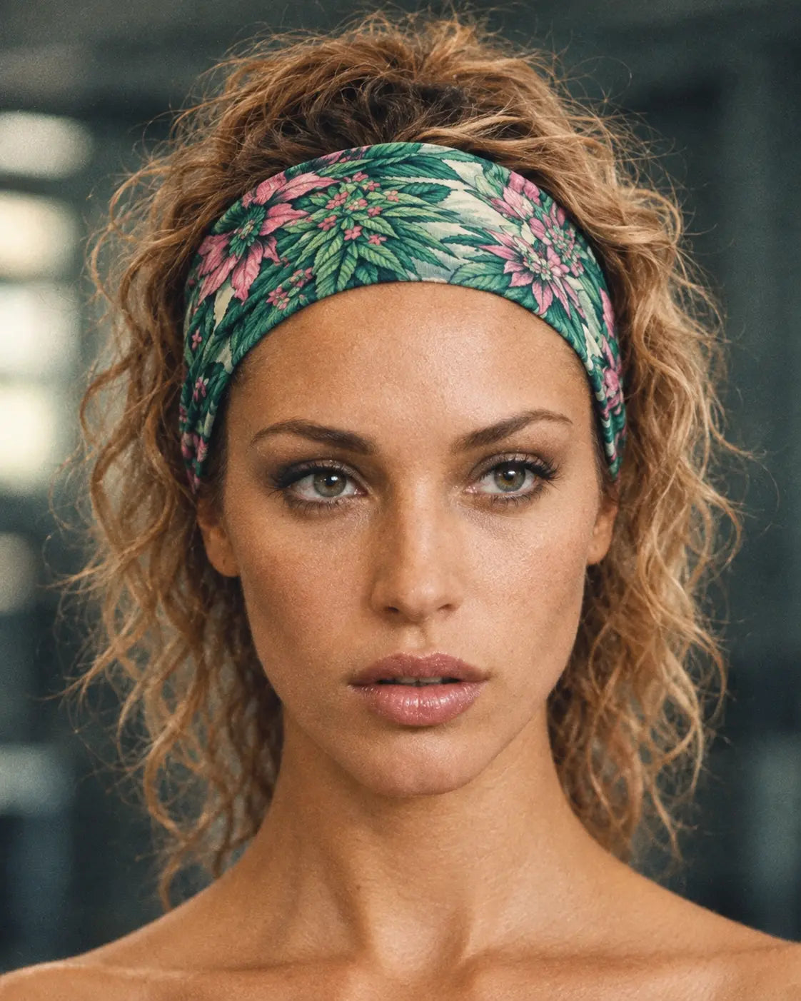 Pink Haze Runners High headband close-up showing pink flowers and green leaves across the forehead.