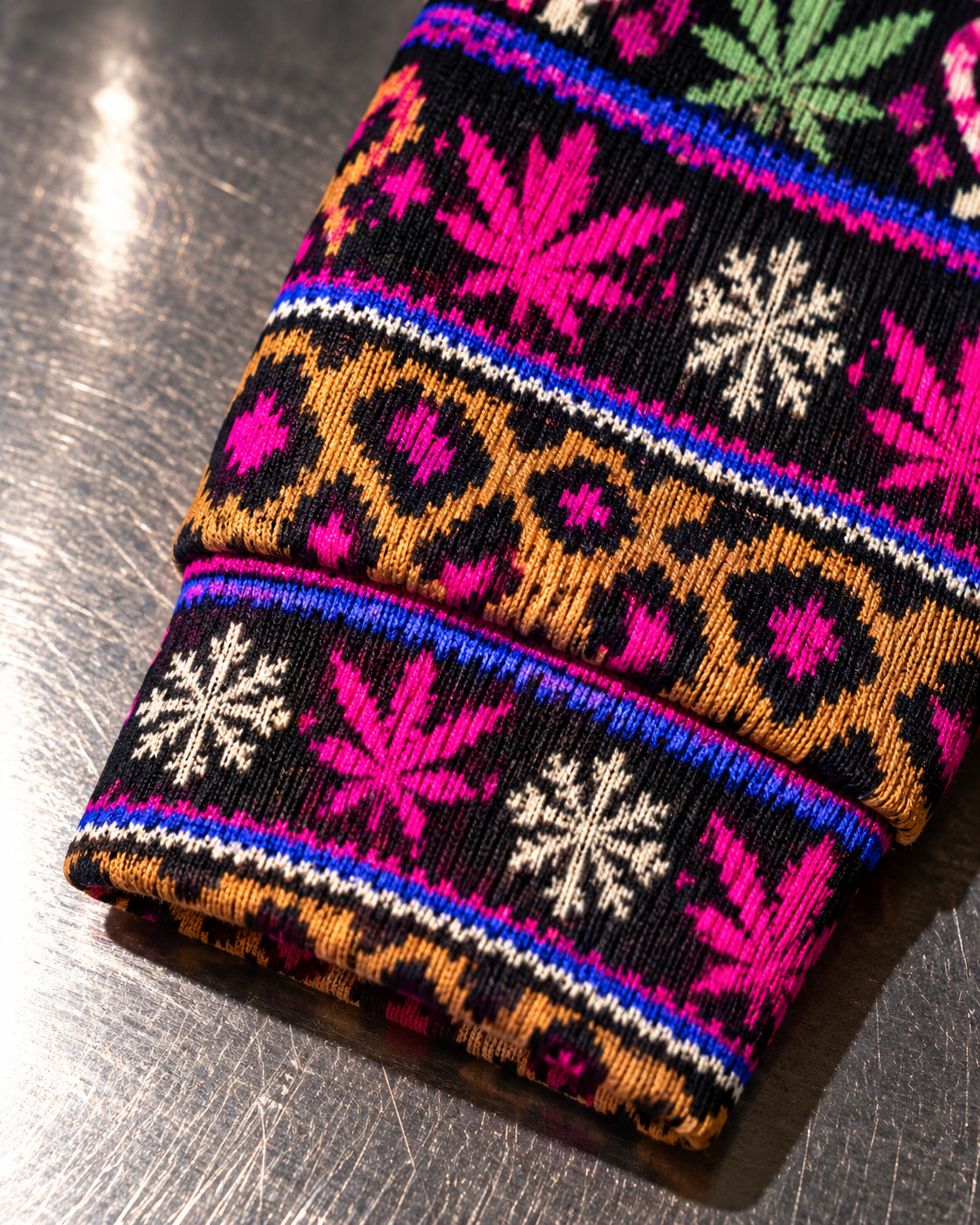 Close-up of the Sleigh. Smoke. Repeat cardigan cuff, fine ribbed texture and holiday print