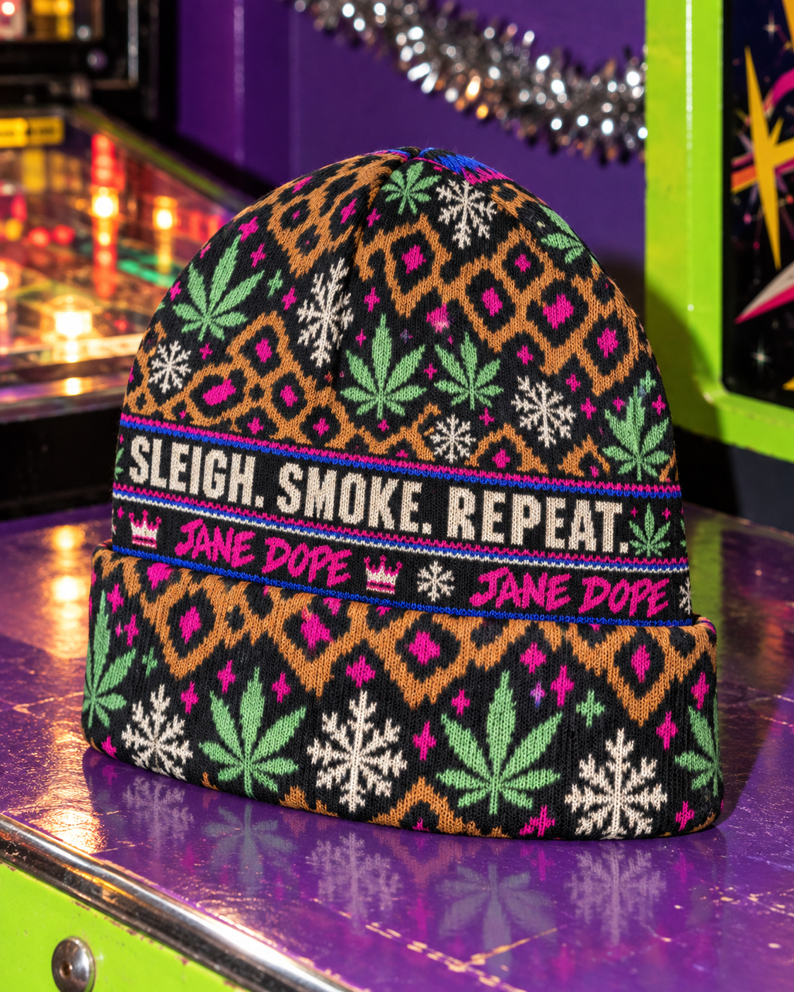 All-Over Print Knitted Hat showing leopard spots, green Her.B leaves, cream snowflakes and folded cuff on a violet arcade counter