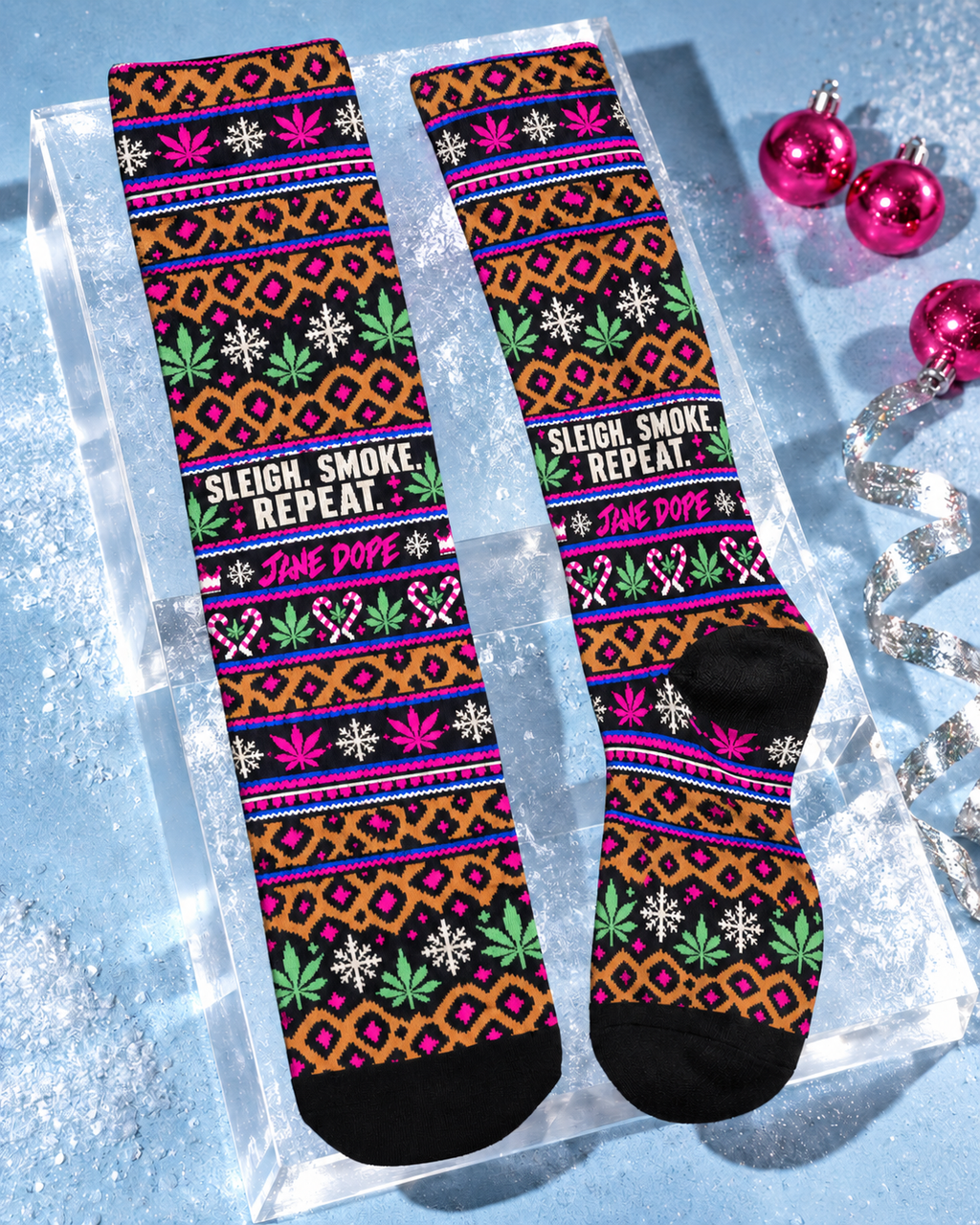 Sleigh Smoke Repeat long socks showing the printed shin lettering, black heel and black toe construction.