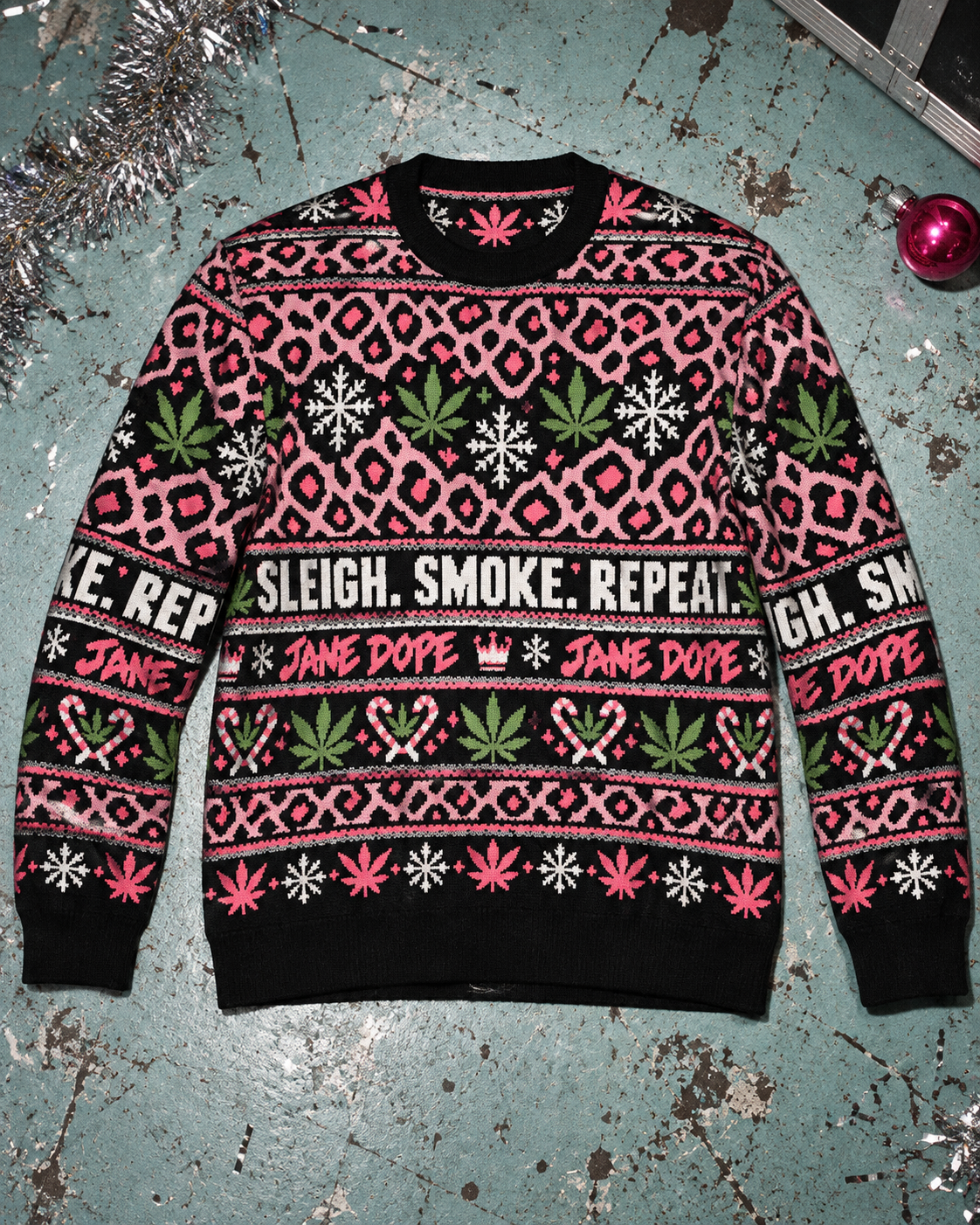 Sleigh Smoke Repeat Xmas Knit Sweater (unisex) full front product view showing black ribbed trim, pink leopard spots and slogan