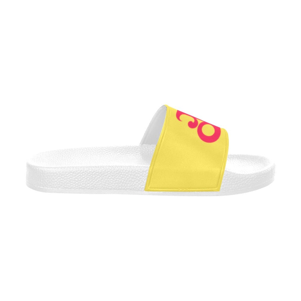 Jane Dope logo print slide sandals, strap detail close-up