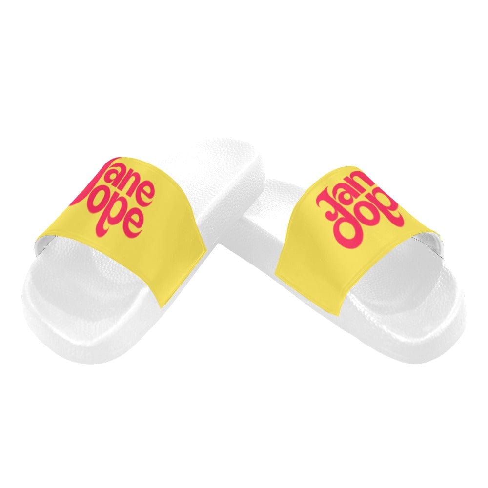 Jane Dope logo print slide sandals, top-down flat lay