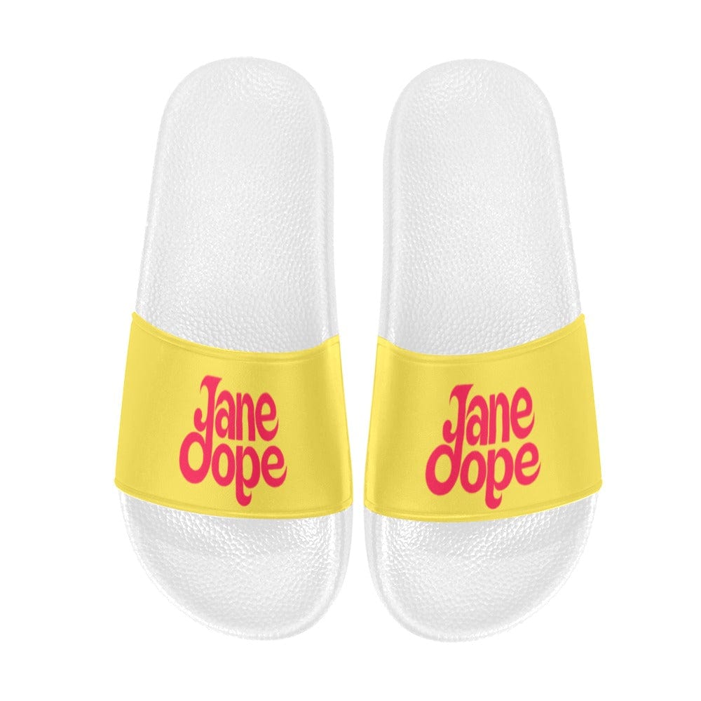 Jane Dope logo print women's slide sandals, side view on model