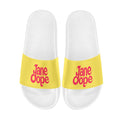 Jane Dope logo print women's slide sandals, side view on model