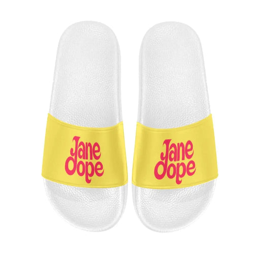 Jane Dope logo print women's slide sandals, side view on model