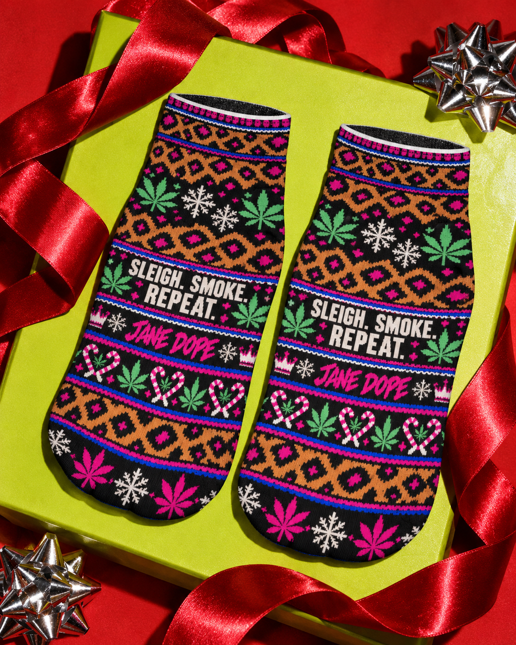 Smoke Sleigh Repeat ankle socks on a chartreuse gift box with leopard print and cream lettering visible.