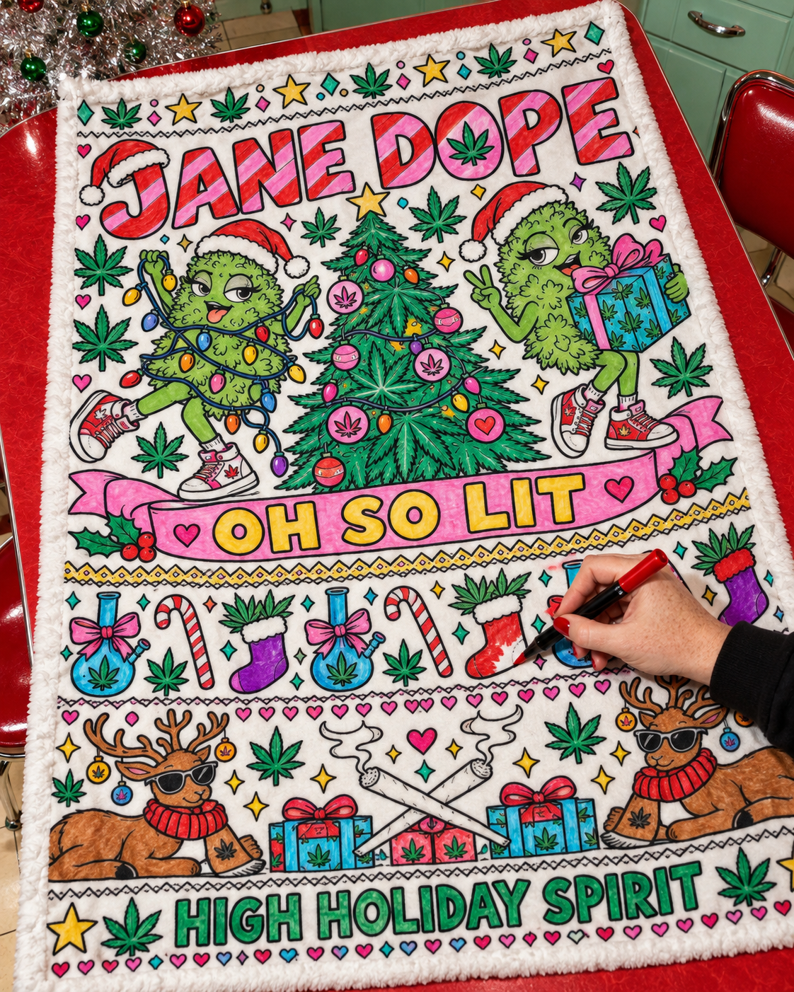 So Lit Xmas colouring inspiration close-up of a hand filling a stocking with red fabric marker; supplied uncoloured