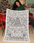 So Lit Xmas uncoloured blanket with an adult model in a retro Christmas kitchen, showing the festive Nugs and reindeer artwork