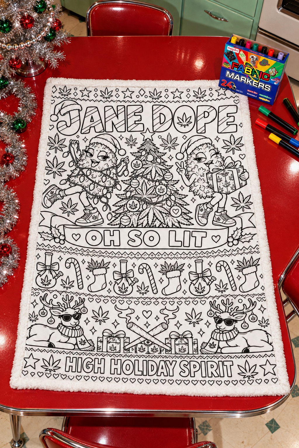 Whole uncoloured So Lit Xmas 100 by 150 centimetre blanket with the included 24-colour fabric-marker set