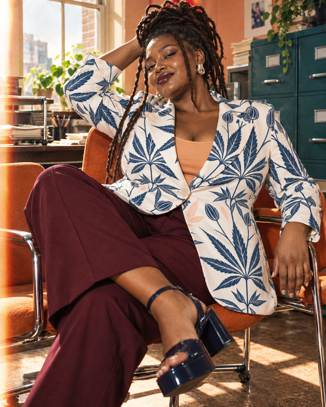 Jane Dope Soft Sativa navy botanical blazer on white, lounging across orange office chairs in burgundy trousers.