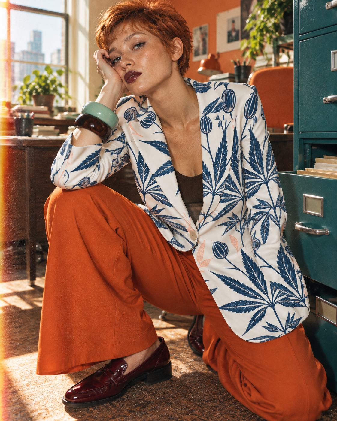 Jane Dope Soft Sativa navy botanical blazer on white, crouching beside a teal filing cabinet in orange trousers.