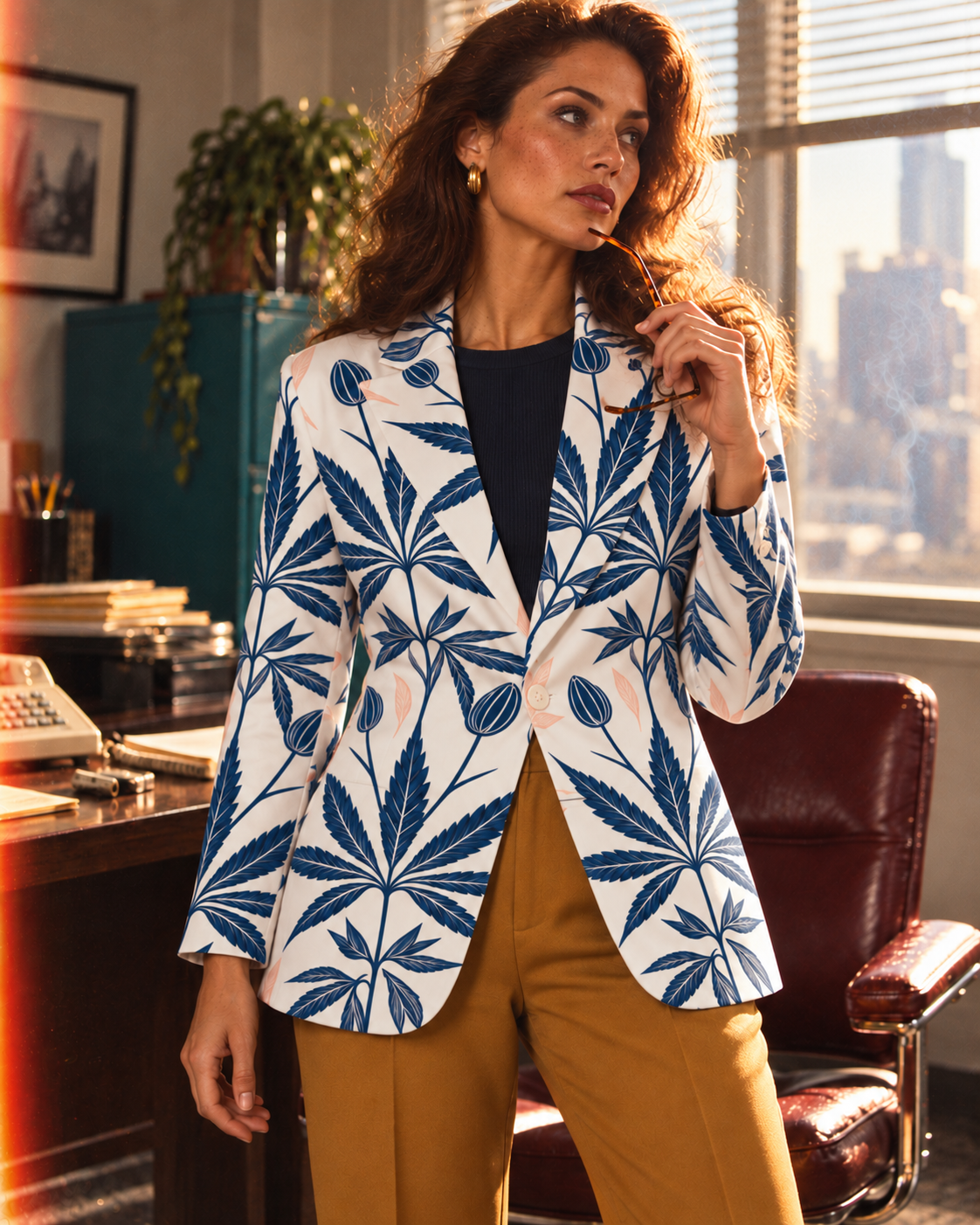 Jane Dope Soft Sativa navy botanical blazer on white, holding glasses beside a desk.