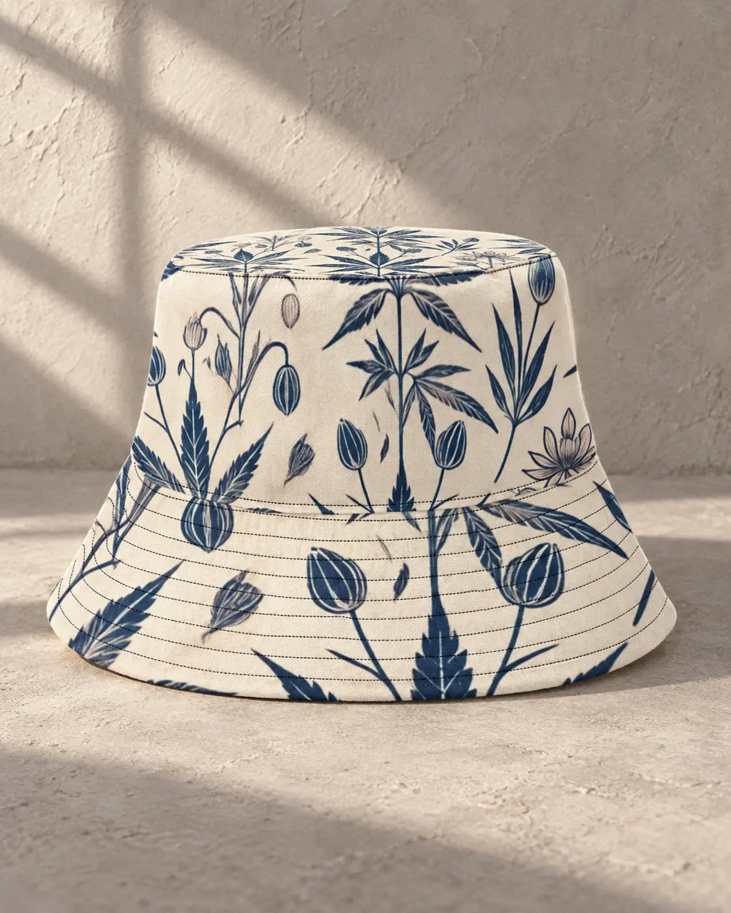 Jane Dope Soft Sativa Bucket Hat, front product view with blue botanical linework on cream and a stitched brim