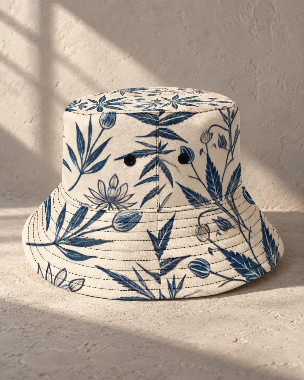 Jane Dope Soft Sativa Bucket Hat, reverse product view showing two black eyelets, crown seam and botanical print