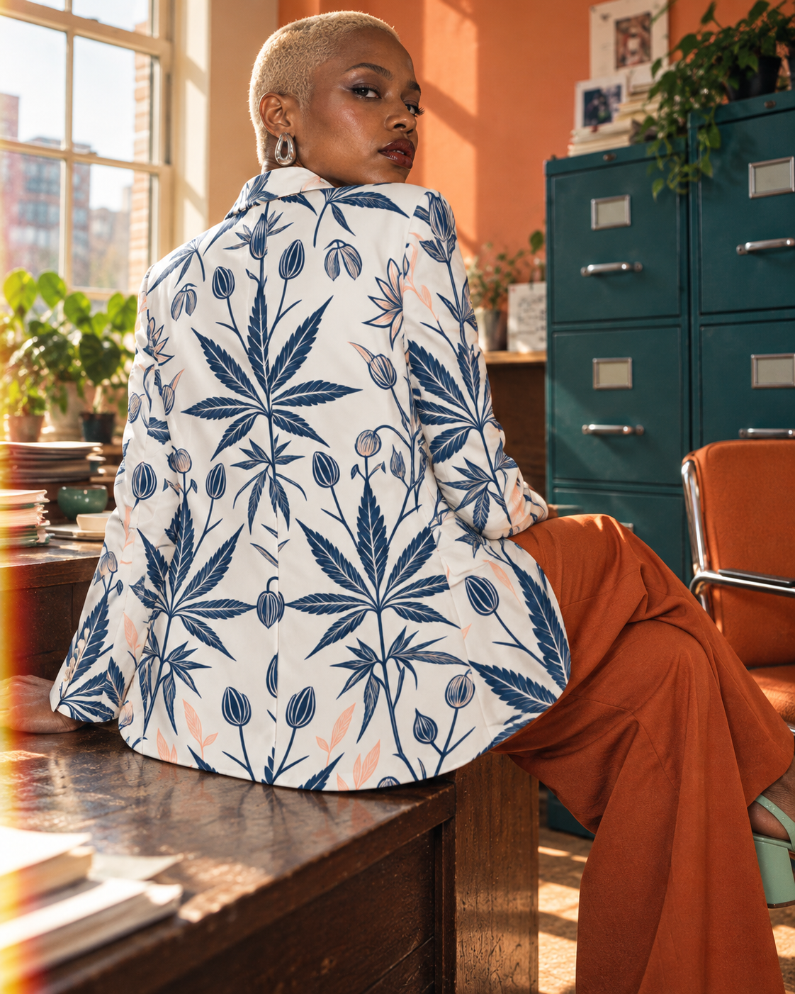 Jane Dope Soft Sativa navy botanical blazer on white, rear view seated on a desk with orange trousers.