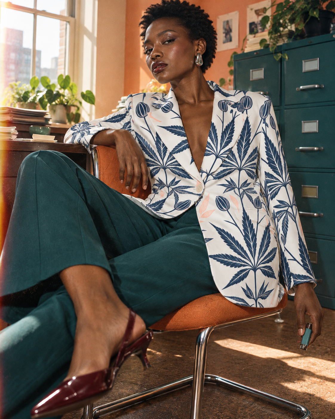 Jane Dope Soft Sativa navy botanical blazer on white, reclining in an orange chair with teal trousers.