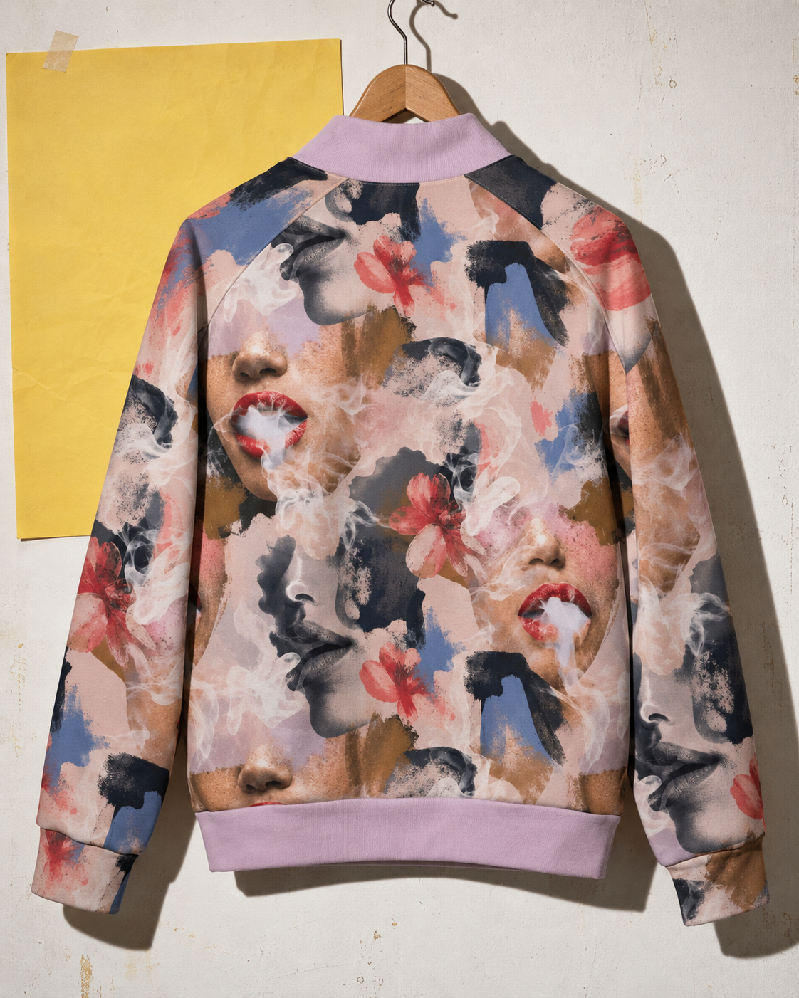 Squad jacket editorial mockup, full back portrait collage with lilac collar and hem on a wooden hanger.