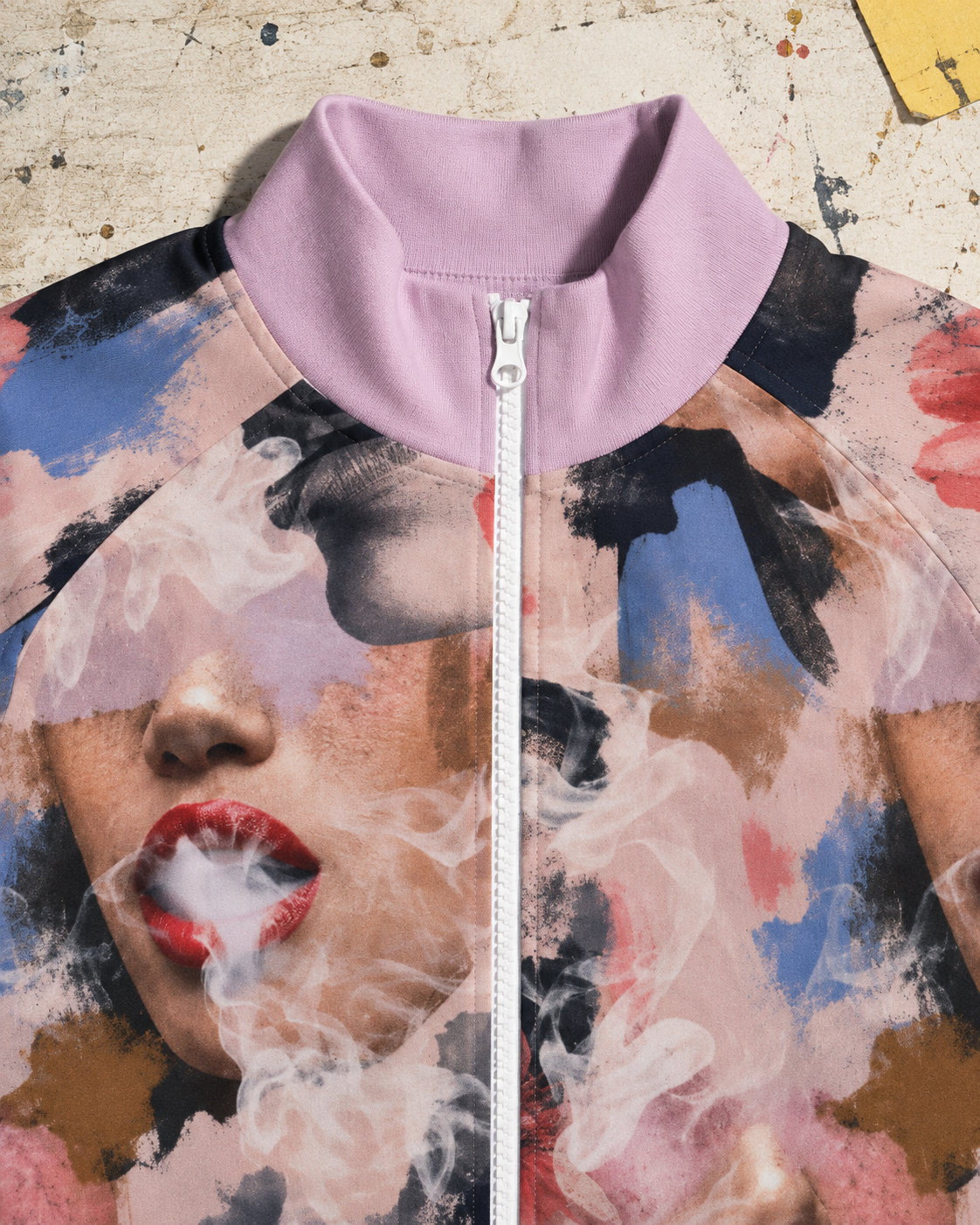 Squad jacket editorial detail mockup showing lilac stand collar, white zipper and printed cotton close up.