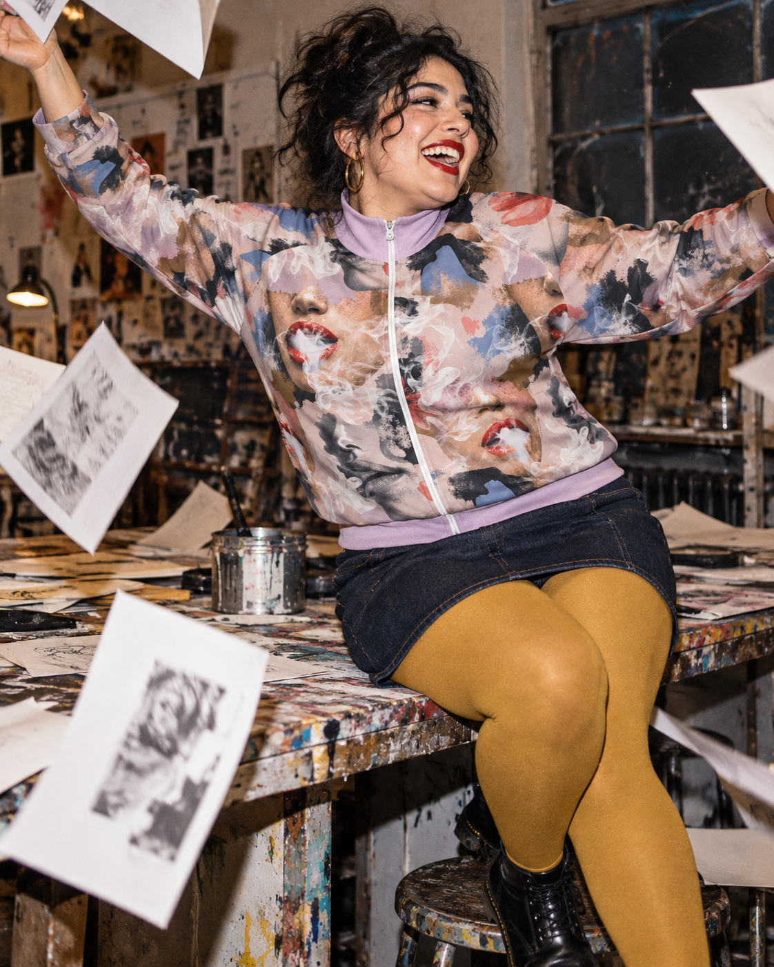 Squad jacket editorial mockup, model tossing paper from a worktable in mustard tights and denim skirt.