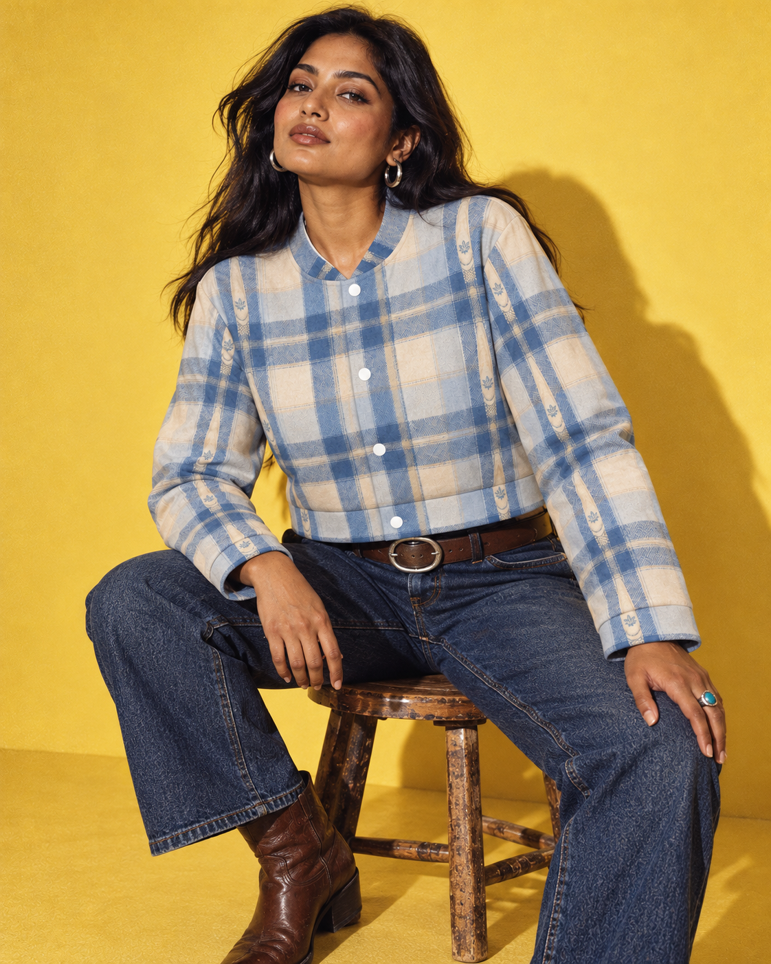 Sunday Sesh cropped plaid jacket with four white snaps, seated Western denim styling and silver jewellery against yellow.