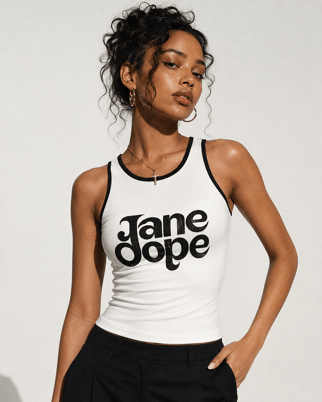 Jane Dope logo print racerback tank top in medium, flat lay