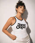 Jane Dope logo print racerback tank top in XL, flat lay