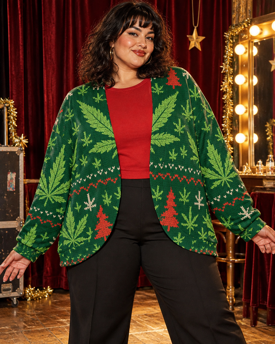 X-Mas Drop Shoulder Cardi size 3XL fit illustration, worn open over a red top and black trousers
