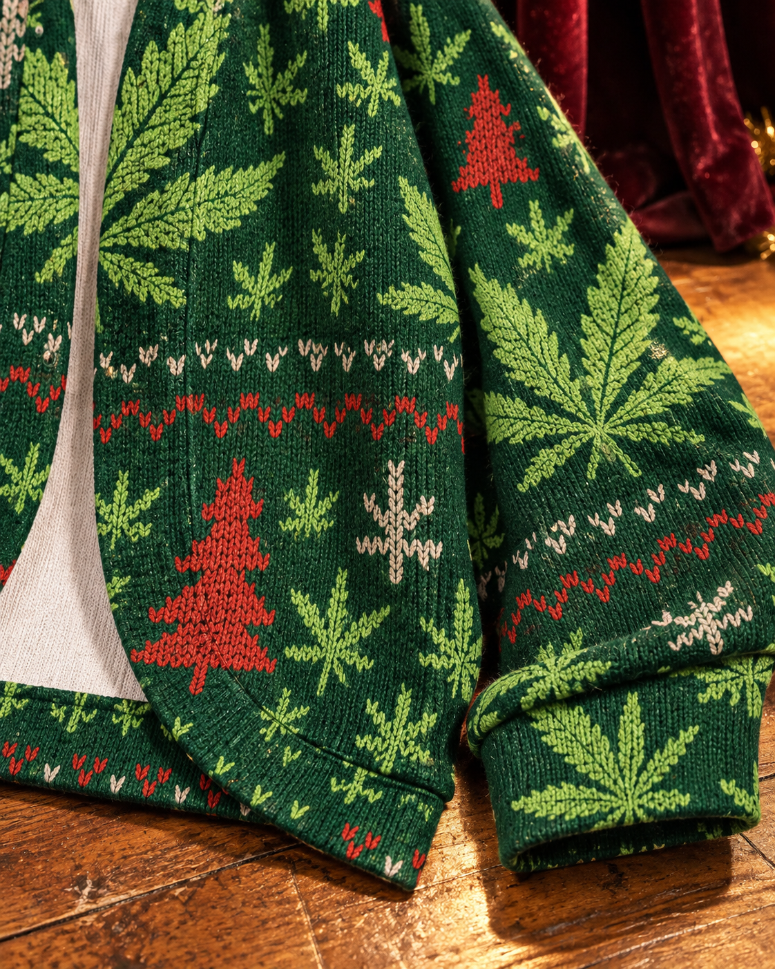 X-Mas Drop Shoulder Cardi close-up of knit-like texture, printed cuff and curved front edge