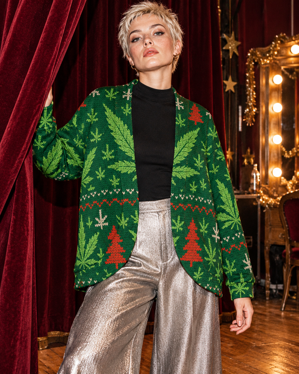 X-Mas Drop Shoulder Cardi worn open over a black top and silver trousers against burgundy theatre curtains