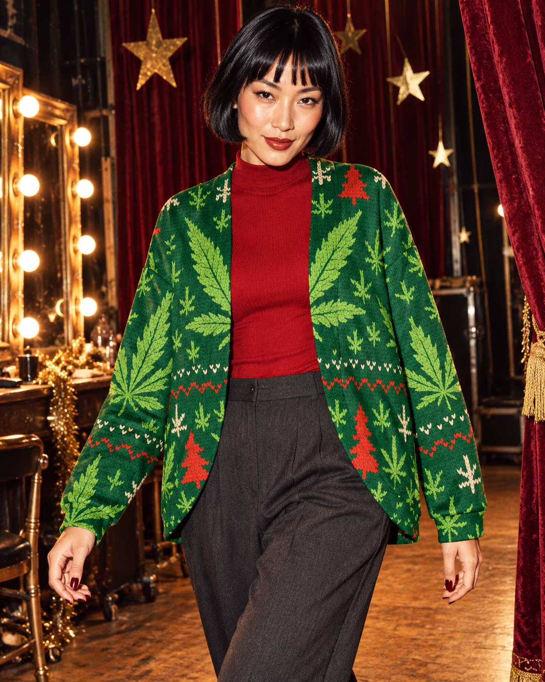 X-Mas Drop Shoulder Cardi size M fit illustration, worn open over a red mockneck and charcoal trousers