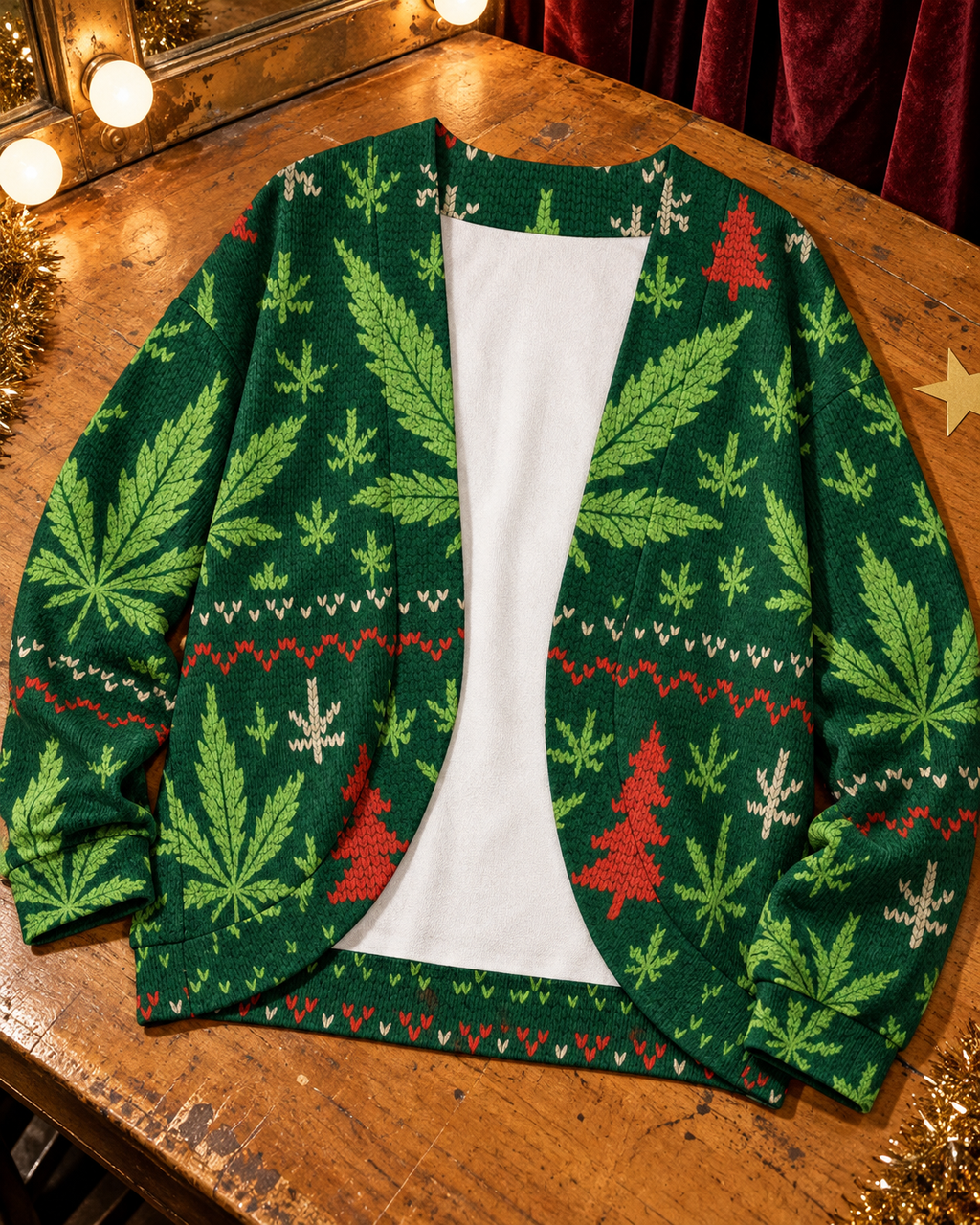 X-Mas Drop Shoulder Cardi front view on a wooden dressing table, showing green Her.B leaves, red trees and curved open front