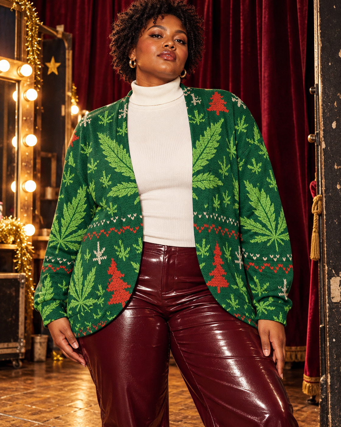 X-Mas Drop Shoulder Cardi size XL fit illustration, worn with an ivory rollneck and oxblood trousers