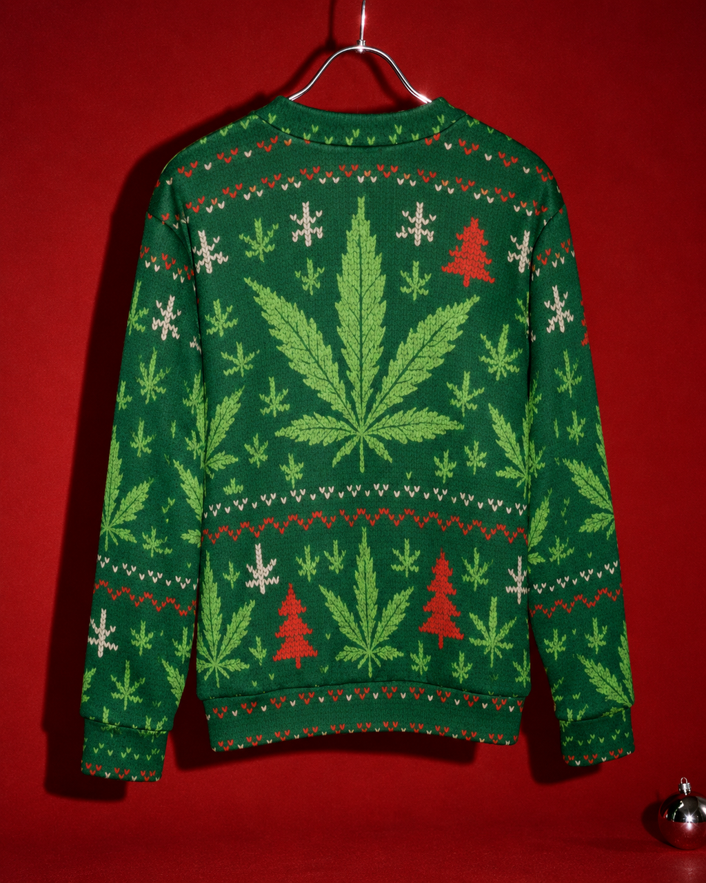 Back of the XMAS Fugly Sweatershirt with the full holiday print, long sleeves and straight banded hem visible.