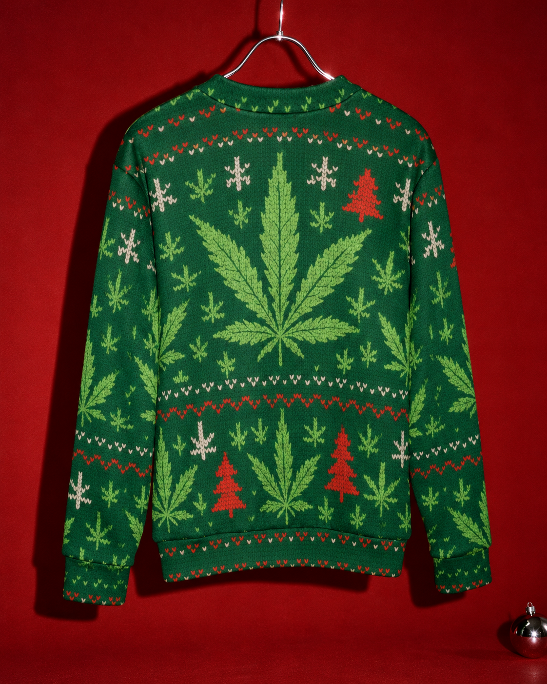 Back of the XMAS Fugly Sweatershirt with the full holiday print, long sleeves and straight banded hem visible.