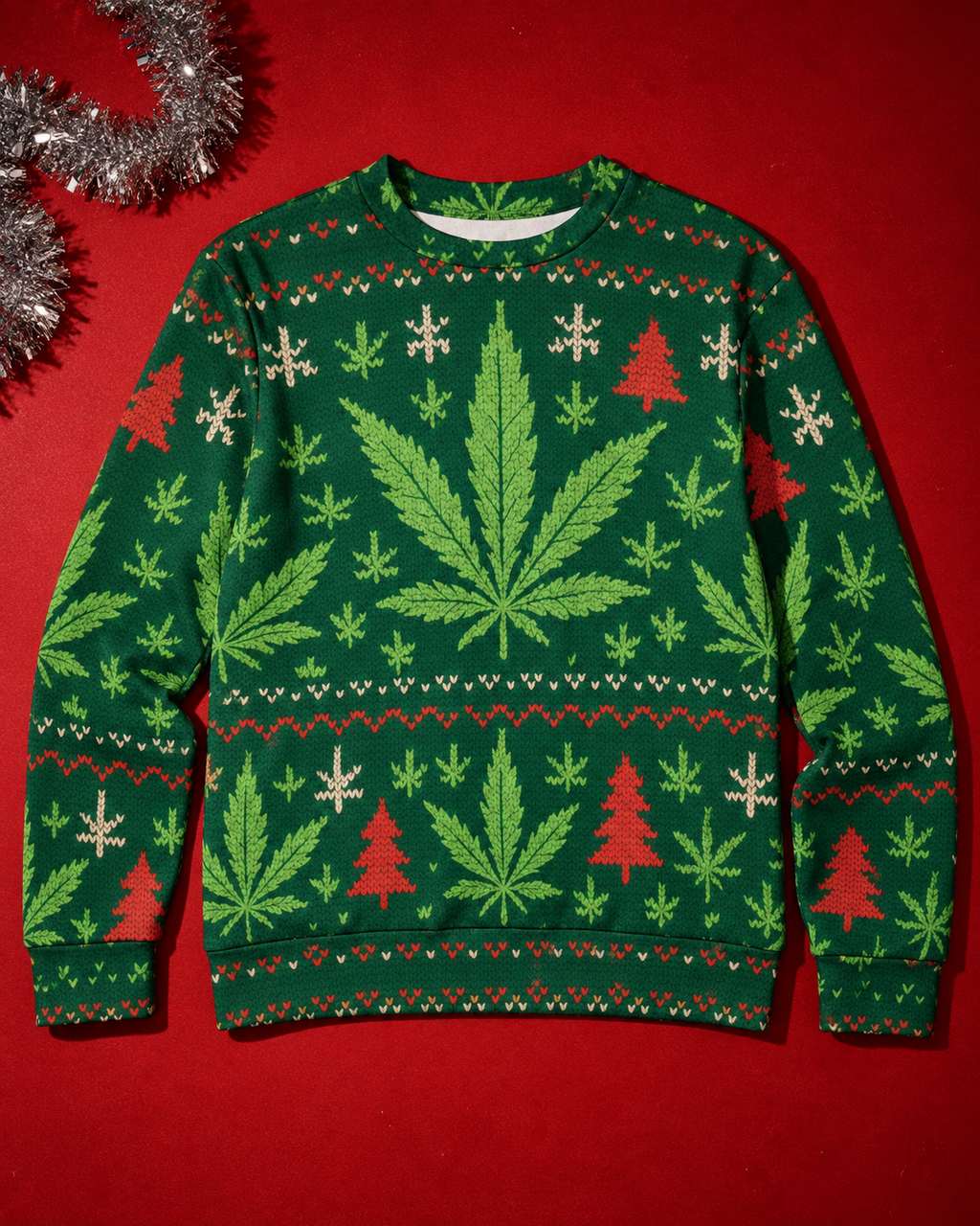 Front of the XMAS Fugly Sweatershirt showing the large green Herb leaf, red Christmas trees, cream snowflakes and banded edges.