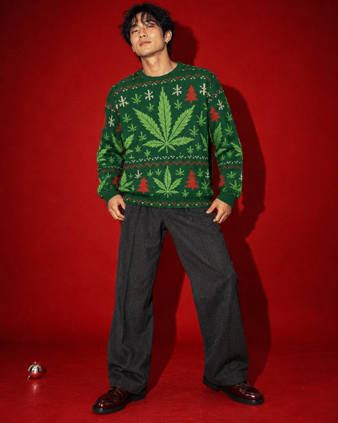 XMAS Fugly Sweatershirt, size XL editorial fit illustration on the deep red studio background.