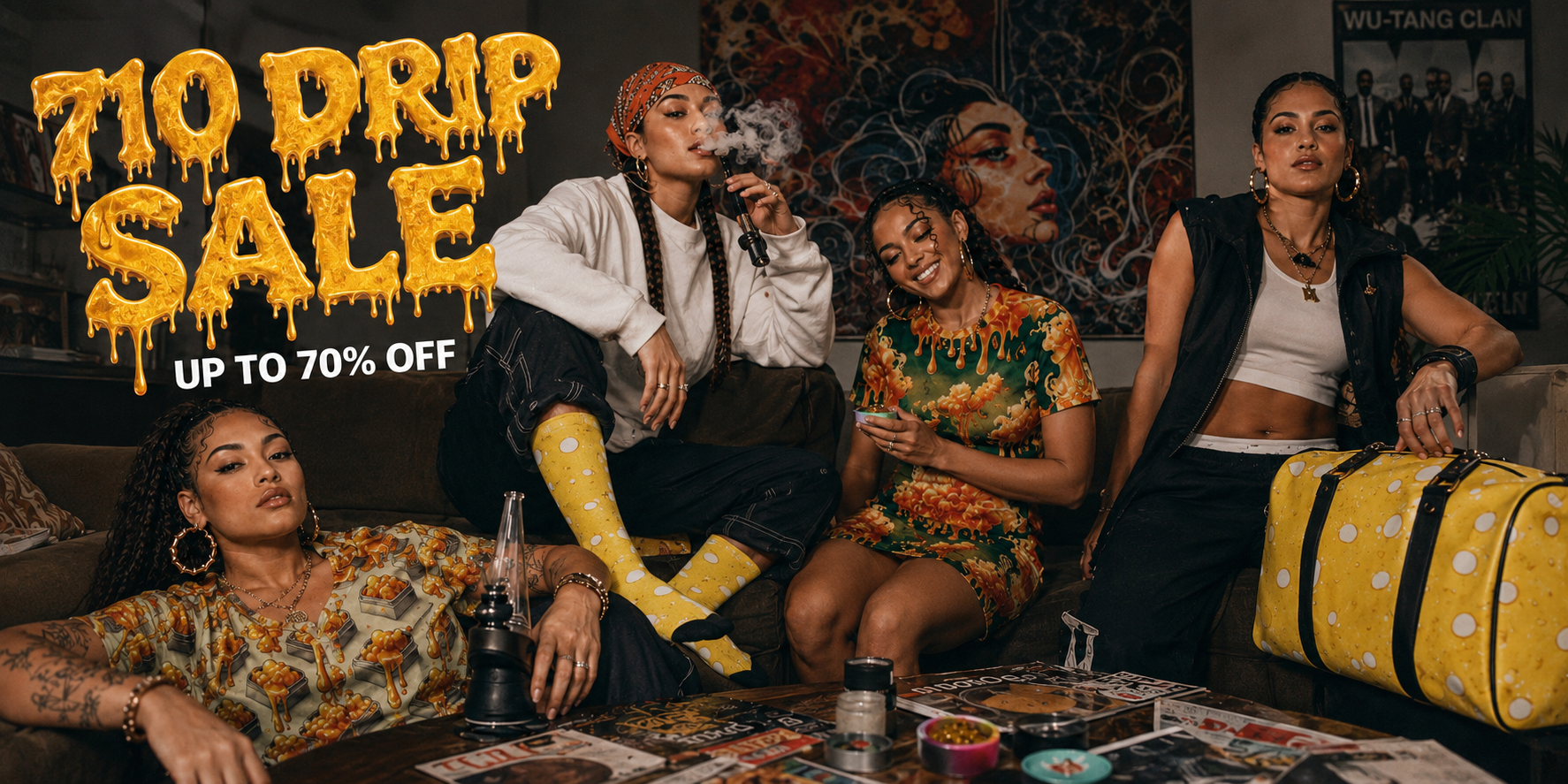 A promotional banner for a '710 Drip Sale' featuring four women in a dimly lit, stylish room with graffiti walls. They are dressed in streetwear, with one wearing bright yellow socks and another holding a yellow polka-dot duffel bag.