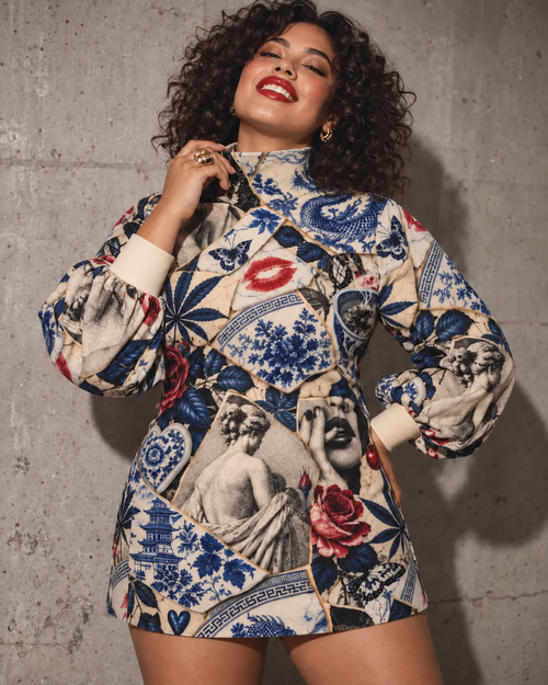 Model wearing Jane Dope Kali China turtleneck lantern sleeve dress with collage print