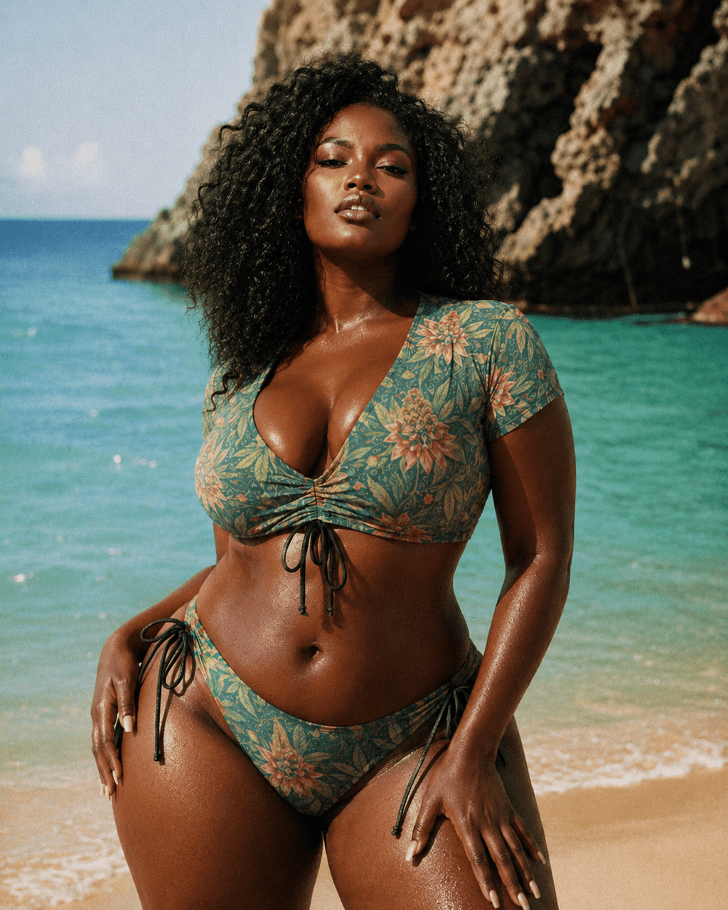 Jane Dope kush leaf print halter bikini top and bottoms, front view on model