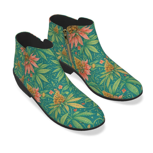 Jane Dope Kush Booties — all-over print ankle boot with leaf motif