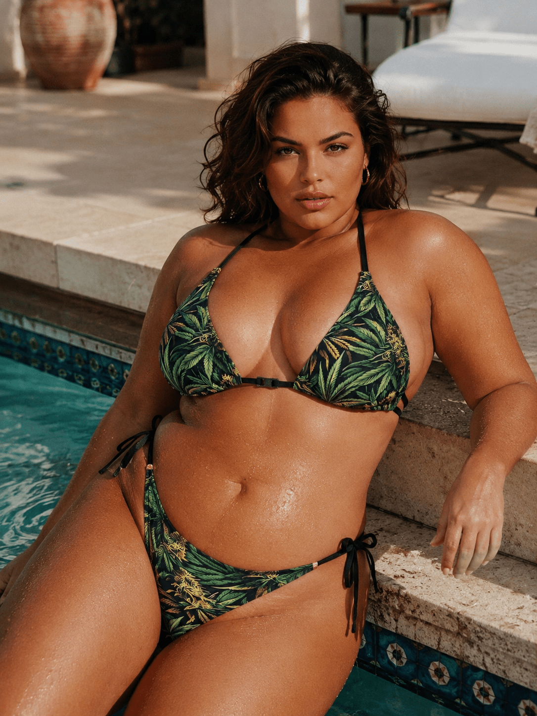 Jane Dope kush cannabis leaf print string bikini set, model sitting poolside