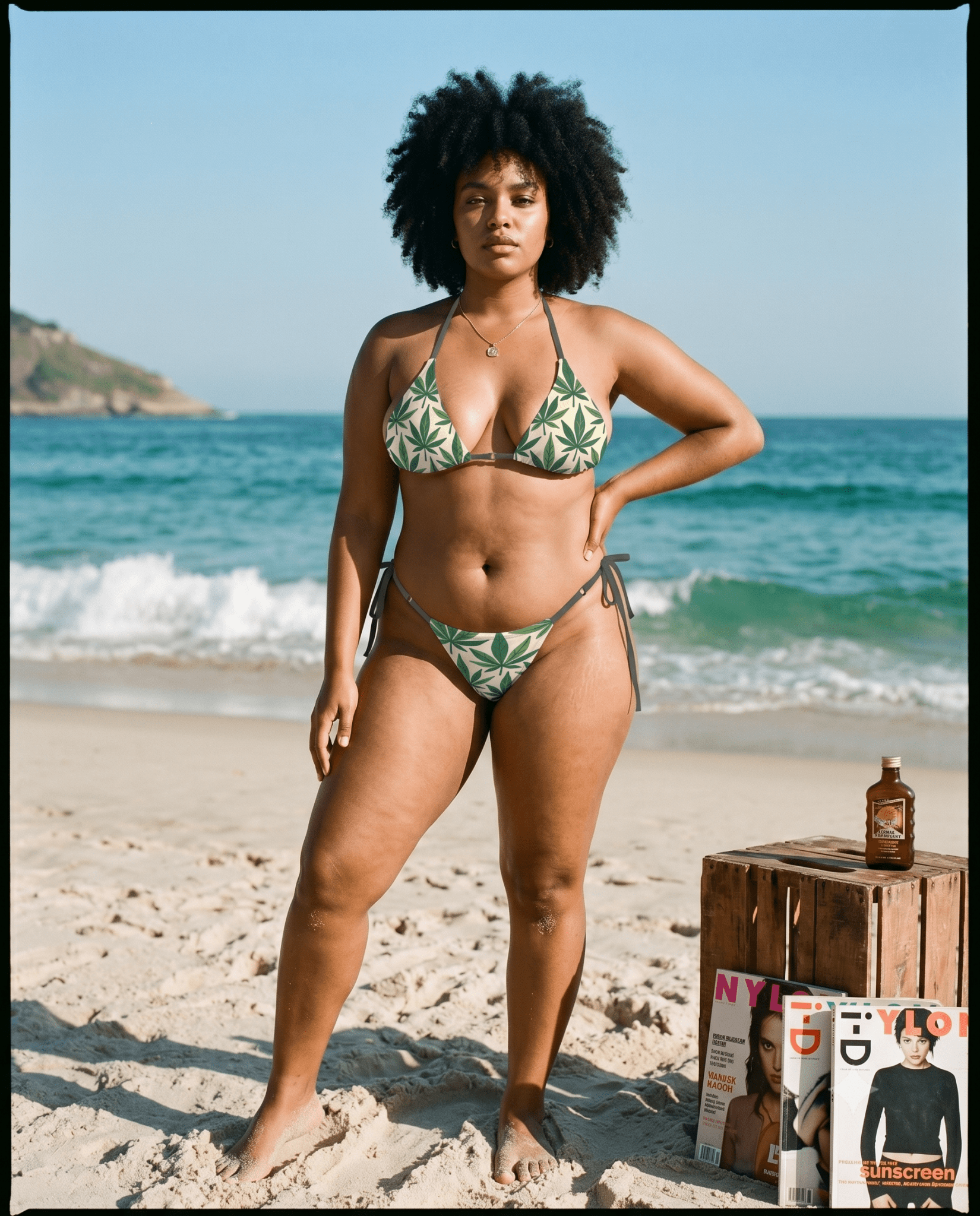 Kush cannabis leaf print string bikini, tie detail close-up