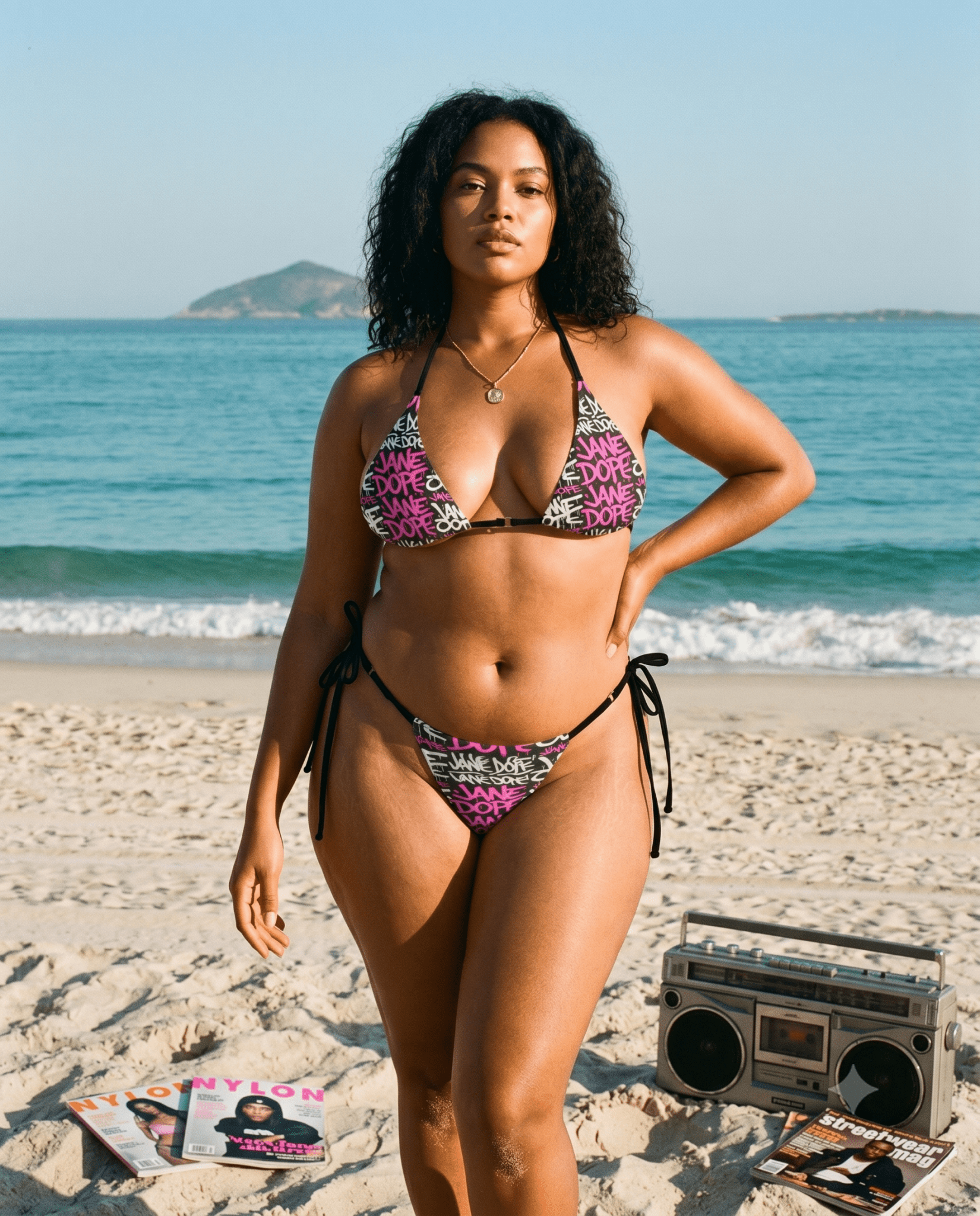 Kush cannabis leaf print string bikini, lifestyle beach shot