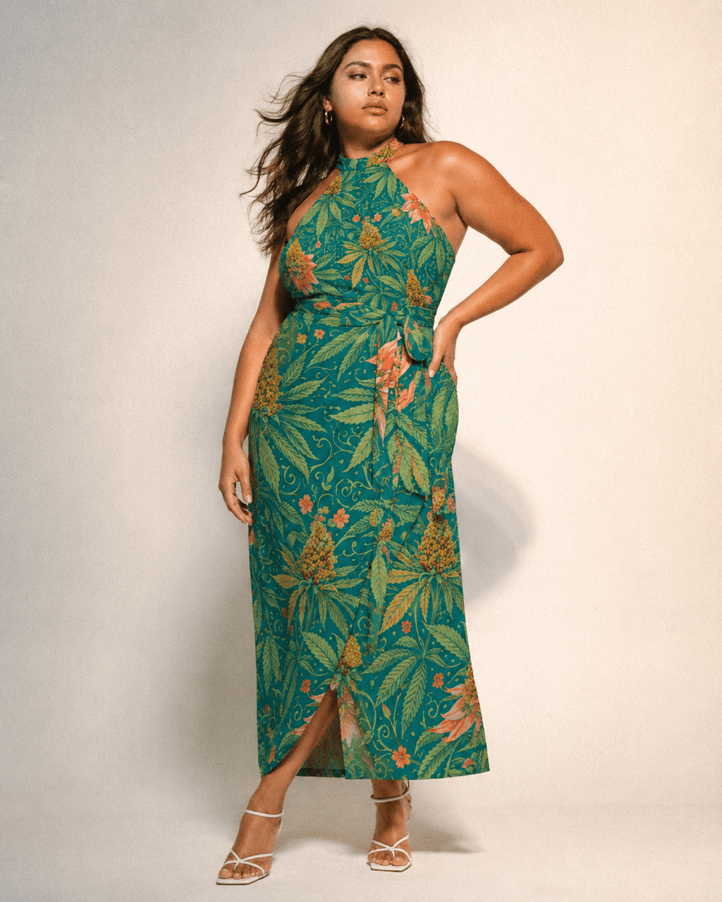 Jane Dope Kush Wrap Halter Dress — all-over print wrap silhouette with belt tie