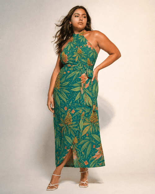 Jane Dope Kush Wrap Halter Dress — all-over print wrap silhouette with belt tie